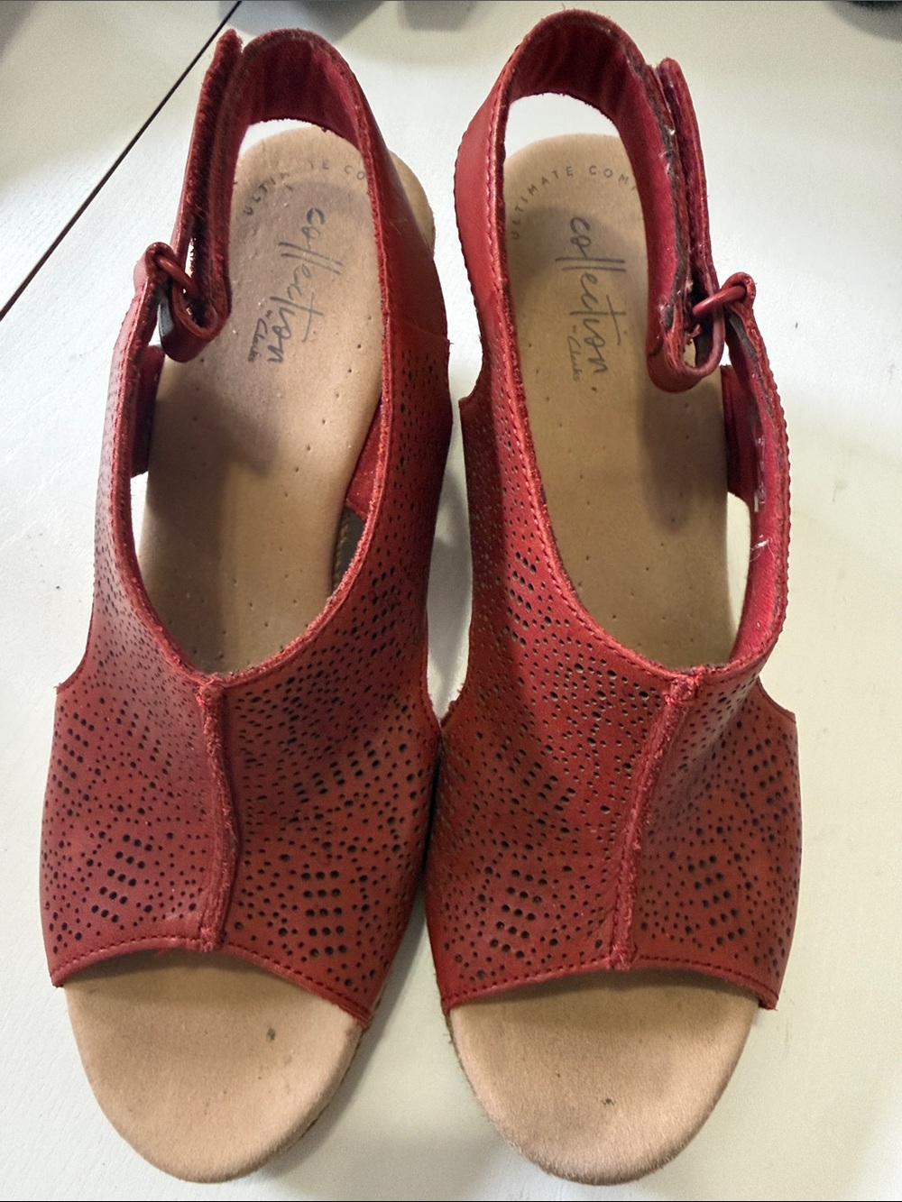 Collection by Clark’s Red Perforated Slingback Wedge Mules
